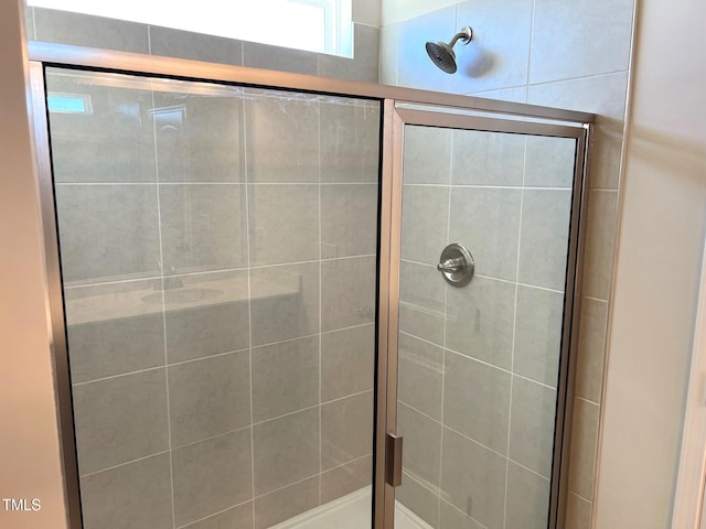 bathroom with a shower with shower door