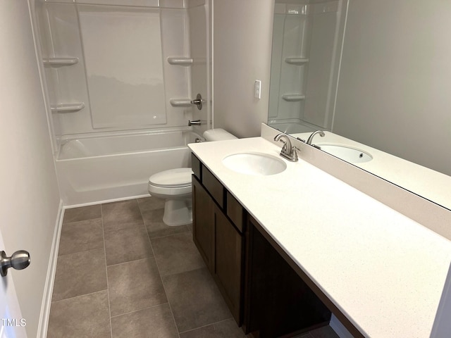 full bathroom featuring shower / bathtub combination, vanity, toilet, and tile patterned flooring