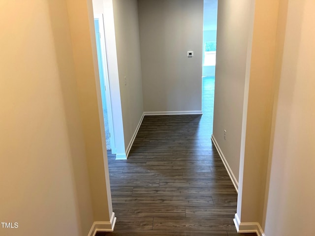 corridor featuring baseboards and dark wood-type flooring