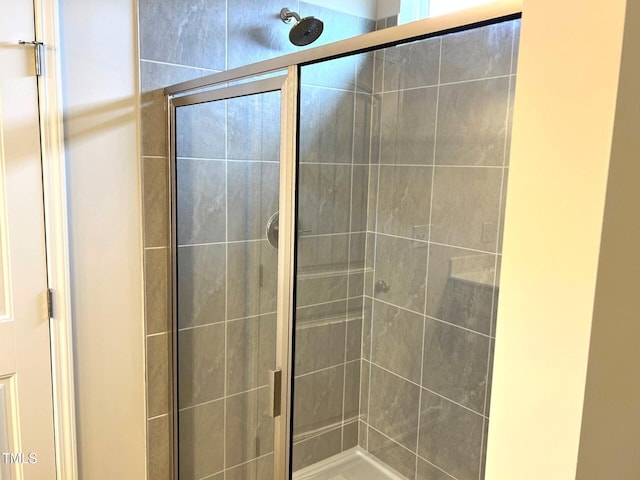 bathroom with a shower with door