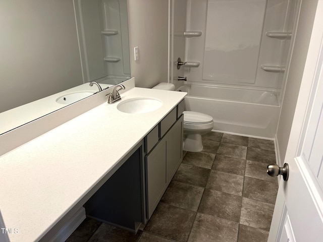 full bathroom featuring vanity, bathtub / shower combination, and toilet