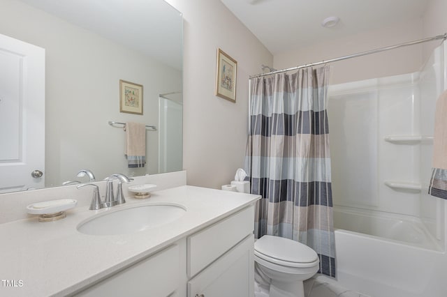 full bathroom featuring vanity, shower / bath combination with curtain, and toilet