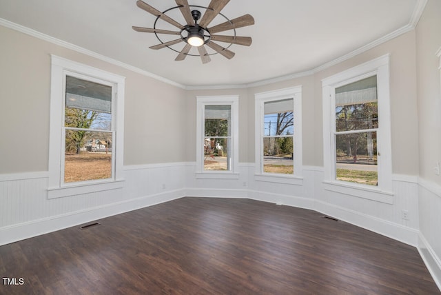 interior space featuring crown molding, dark wood-type flooring, and ceiling fan