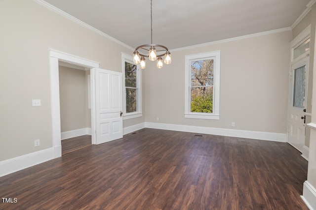 unfurnished dining area with crown molding, a notable chandelier, and dark hardwood / wood-style floors