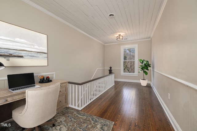 office area with wood ceiling, ornamental molding, and dark hardwood / wood-style flooring