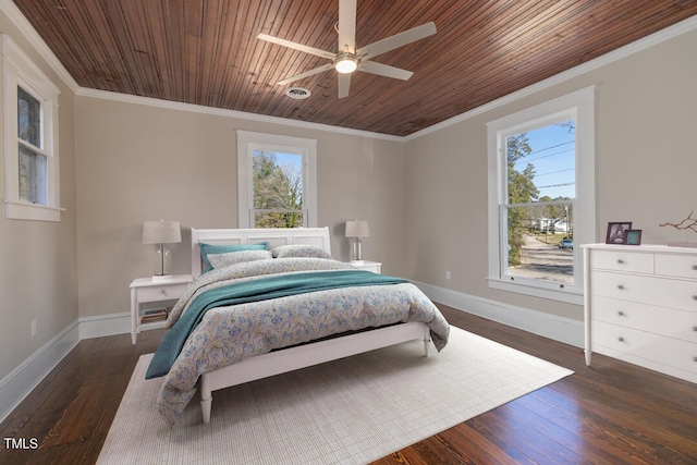 bedroom with dark wood-type flooring, ceiling fan, and multiple windows