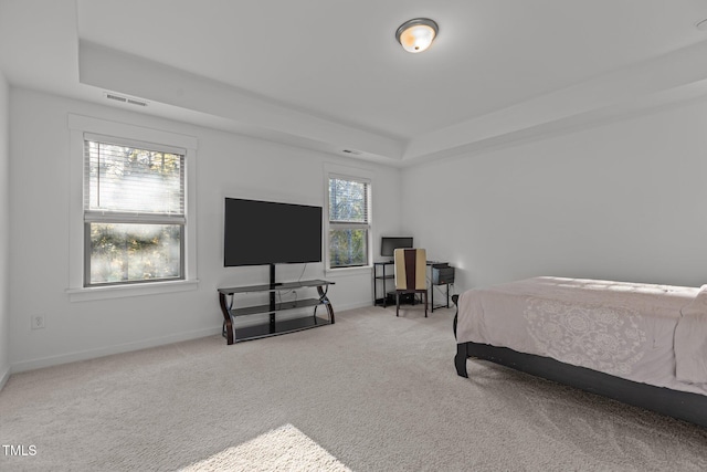 bedroom featuring light colored carpet and a tray ceiling