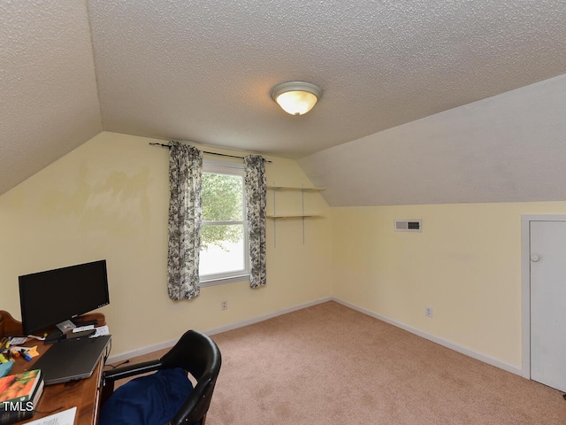 178 Paceville Rd, Selma, NC 27576 - carpeted home office featuring lofted ceiling, baseboards, and a textured ceiling