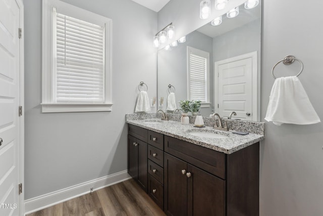 bathroom with a healthy amount of sunlight, vanity, and hardwood / wood-style flooring