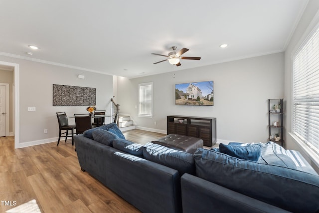 living room featuring light wood-type flooring, ceiling fan, and crown molding