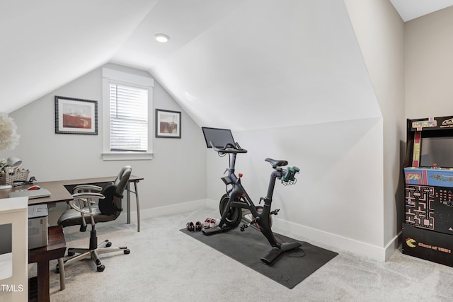 office area with light carpet and lofted ceiling