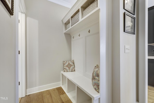 mudroom featuring light hardwood / wood-style flooring and ornamental molding