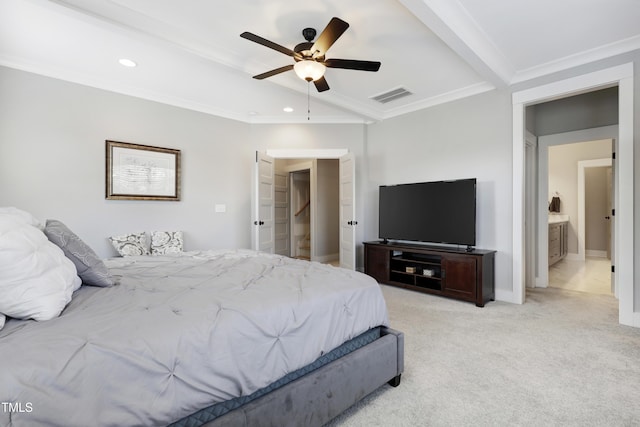 carpeted bedroom with connected bathroom, vaulted ceiling with beams, ceiling fan, and ornamental molding