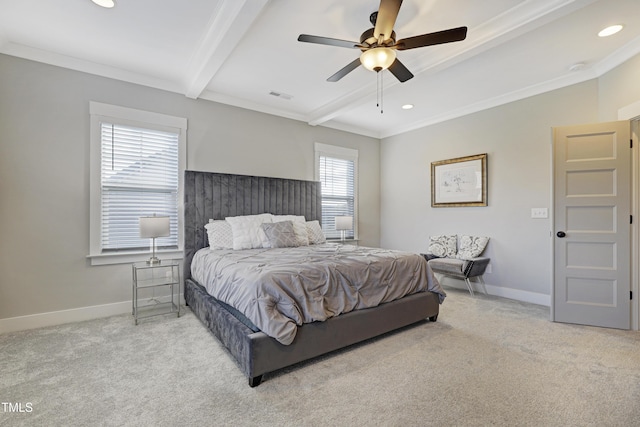 bedroom with ceiling fan, crown molding, beamed ceiling, and light colored carpet