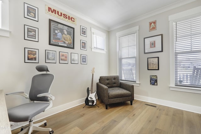 office area featuring light hardwood / wood-style flooring, a healthy amount of sunlight, and ornamental molding