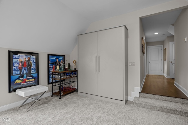 181 Colonial Ridge Dr, Pittsboro, NC 27312 - bedroom featuring baseboards, lofted ceiling, carpet, and recessed lighting