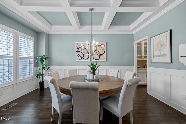 dining area featuring coffered ceiling, dark hardwood / wood-style floors, ornamental molding, beam ceiling, and a chandelier