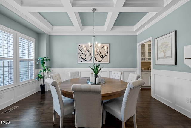 181 Colonial Ridge Dr, Pittsboro, NC 27312 - dining room featuring a chandelier, coffered ceiling, beamed ceiling, dark wood-style floors, and a decorative wall