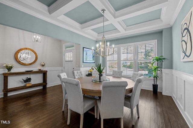 dining area with dark wood-type flooring, coffered ceiling, crown molding, beam ceiling, and a chandelier