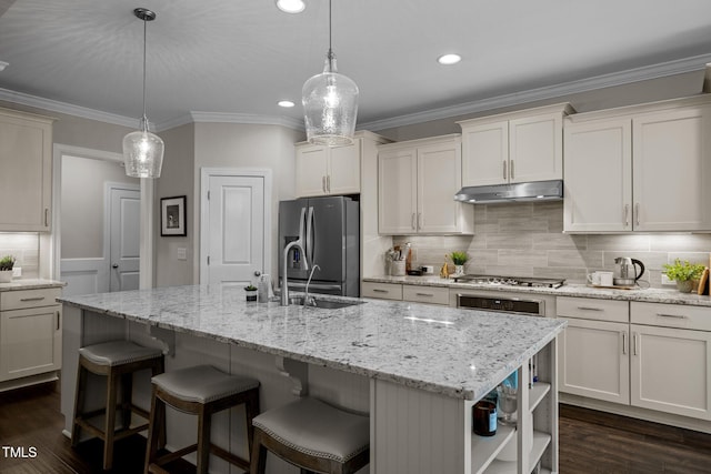 181 Colonial Ridge Dr, Pittsboro, NC 27312 - kitchen with appliances with stainless steel finishes, under cabinet range hood, a sink, dark wood finished floors, and ornamental molding