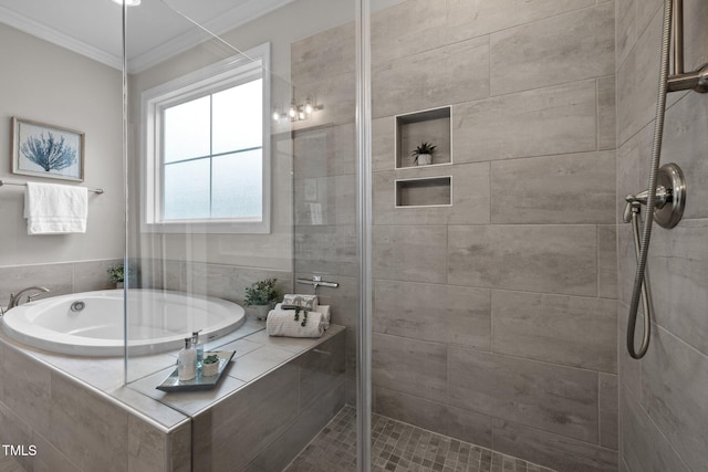 bathroom featuring plus walk in shower and crown molding