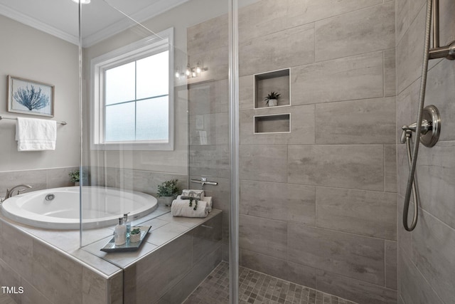 181 Colonial Ridge Dr, Pittsboro, NC 27312 - full bathroom featuring a stall shower, a garden tub, and crown molding