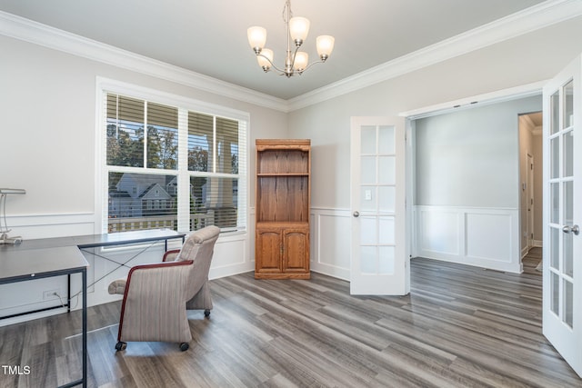 home office featuring hardwood / wood-style flooring and french doors