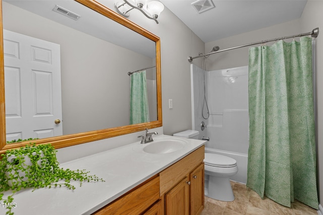 full bathroom with shower / bath combination with curtain, toilet, and vanity