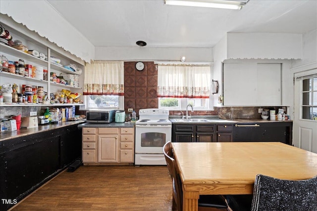 kitchen with light brown cabinets, a wealth of natural light, white electric range, and sink