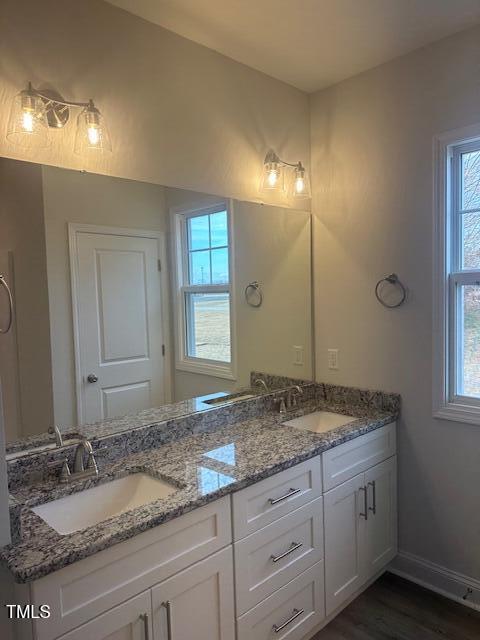 bathroom featuring vanity and hardwood / wood-style flooring