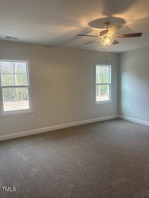 spare room featuring carpet floors, ceiling fan, and a healthy amount of sunlight