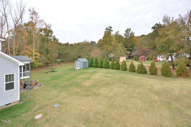 view of yard with a storage shed