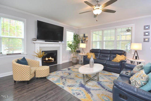 living room with dark wood-type flooring, ceiling fan, and ornamental molding