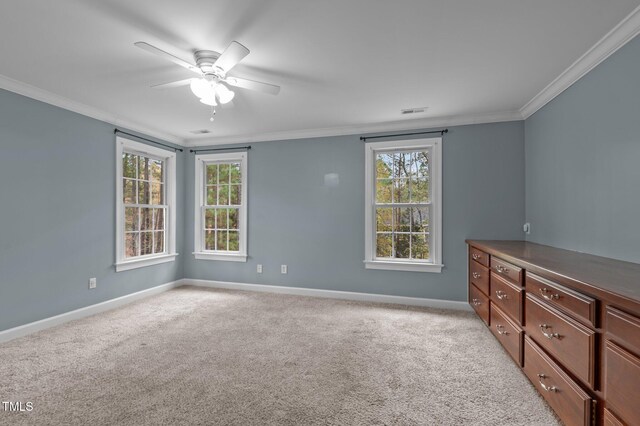 5600 Thornburg Dr, Wake Forest, NC 27587 - unfurnished bedroom featuring ornamental molding, baseboards, light colored carpet, and a ceiling fan
