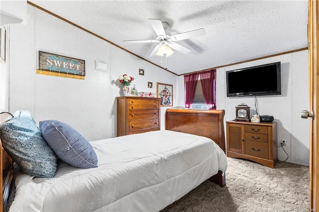 carpeted bedroom featuring ceiling fan, crown molding, a textured ceiling, and vaulted ceiling