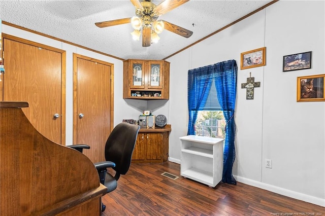 office with a textured ceiling, dark hardwood / wood-style floors, and crown molding