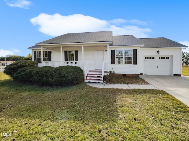 ranch-style home with a garage, a front lawn, and a porch