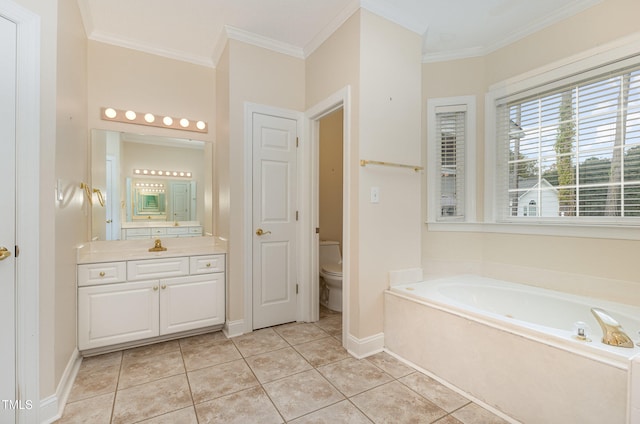 bathroom with vanity, a bath, tile patterned floors, toilet, and ornamental molding