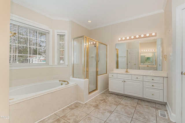 bathroom with tile patterned flooring, vanity, ornamental molding, and independent shower and bath