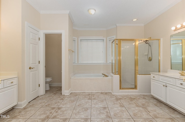 full bathroom with tile patterned flooring, vanity, ornamental molding, and shower with separate bathtub