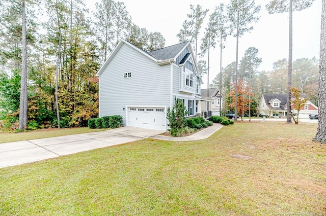 view of property exterior featuring a garage and a lawn