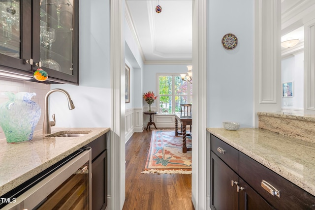 bar featuring dark brown cabinetry, sink, ornamental molding, dark hardwood / wood-style floors, and backsplash