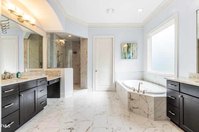 bathroom featuring vanity, crown molding, and plus walk in shower