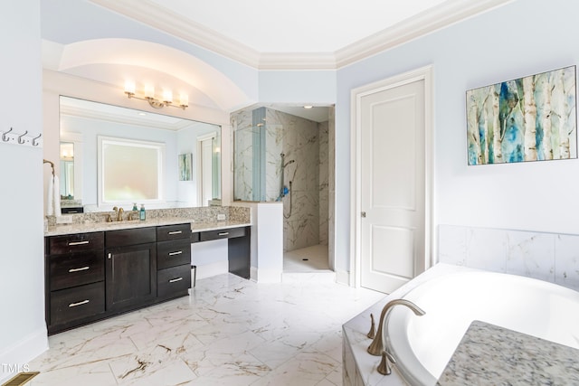 bathroom with shower with separate bathtub, vanity, and crown molding