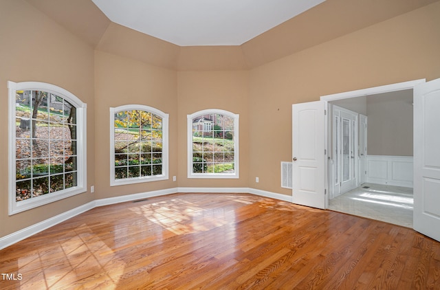 empty room with a wealth of natural light and light hardwood / wood-style flooring