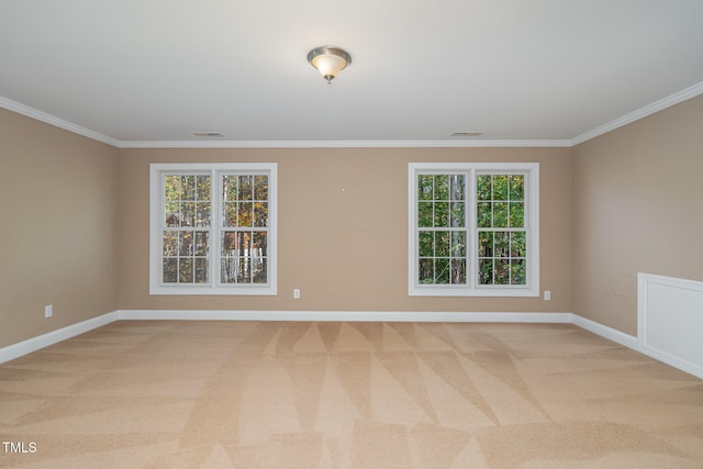 spare room with a wealth of natural light, light colored carpet, and ornamental molding