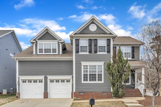 traditional-style home with a shingled roof, central AC unit, concrete driveway, crawl space, and a porch