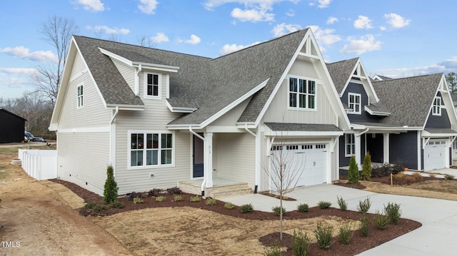 view of front of home featuring a garage, fence, concrete driveway, crawl space, and roof with shingles