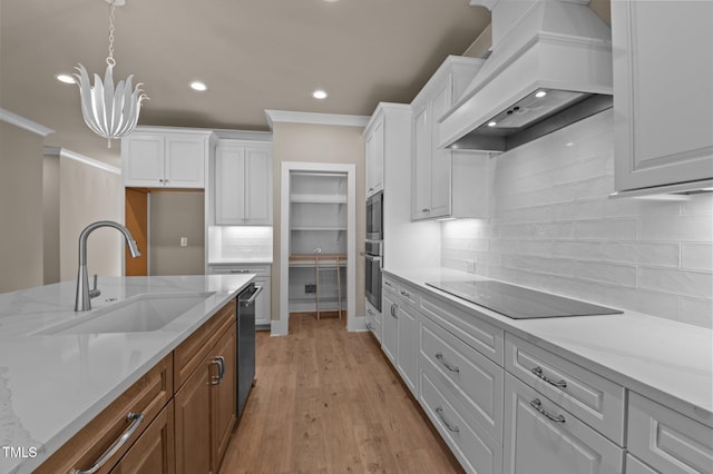 kitchen featuring custom range hood, white cabinetry, stainless steel appliances, and a sink