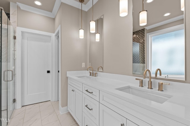 bathroom with recessed lighting, marble finish floor, a sink, and a shower stall